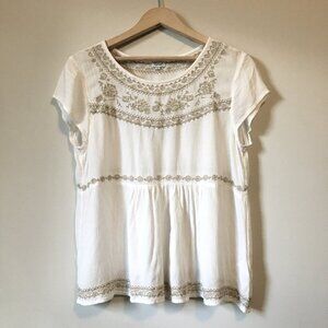 Kismet White Boho Cap Sleeve Babydoll Top with Folksy Stitchwork